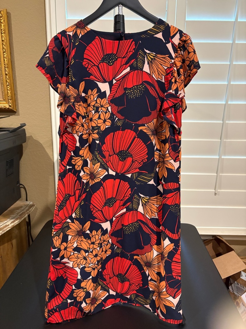 LOFT Navy Dress with Red, Yellow & Pink Floral Accents